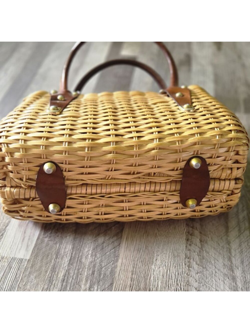 Goldeco Vintage 1960s Wicker Basket Handbag Leather Trim Top Handle Box Purse - Picture 9 of 16
